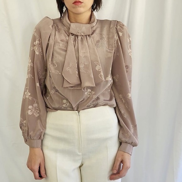 Vintage Tops - 80s Taupe Floral High Neck Blouse‎